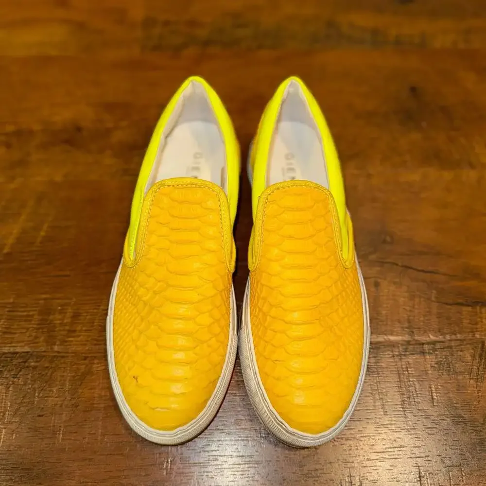 GIENCHI Made in Italy Yellow Embossed Crocodile Print Slip On Sneakers Shoes